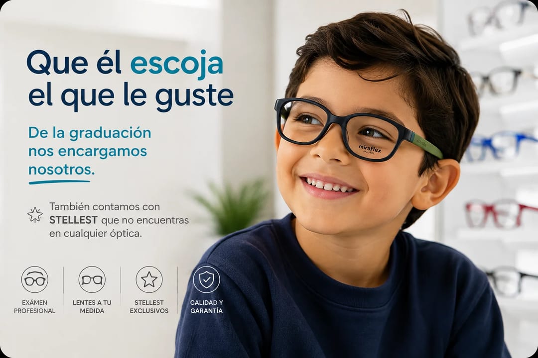 Que él escoja el que le guste: un niño sonriendo con su armazón puesto en la óptica