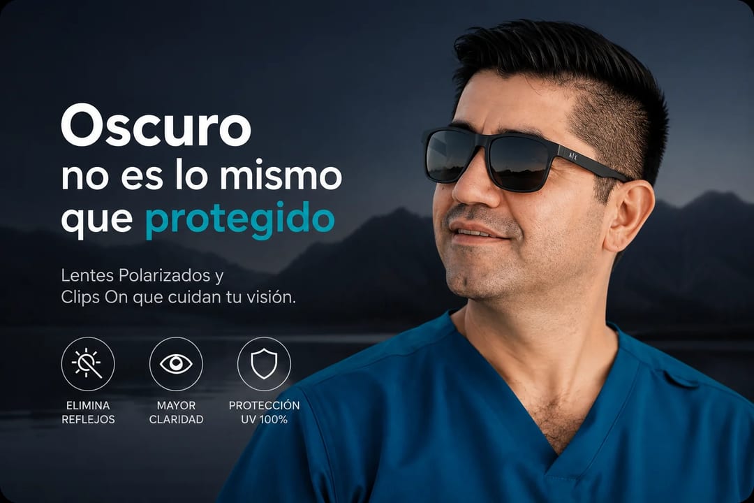 Oscuro no es lo mismo que protegido: un hombre con lentes de sol oscuros, de tres cuartos, frente a una sierra en penumbra