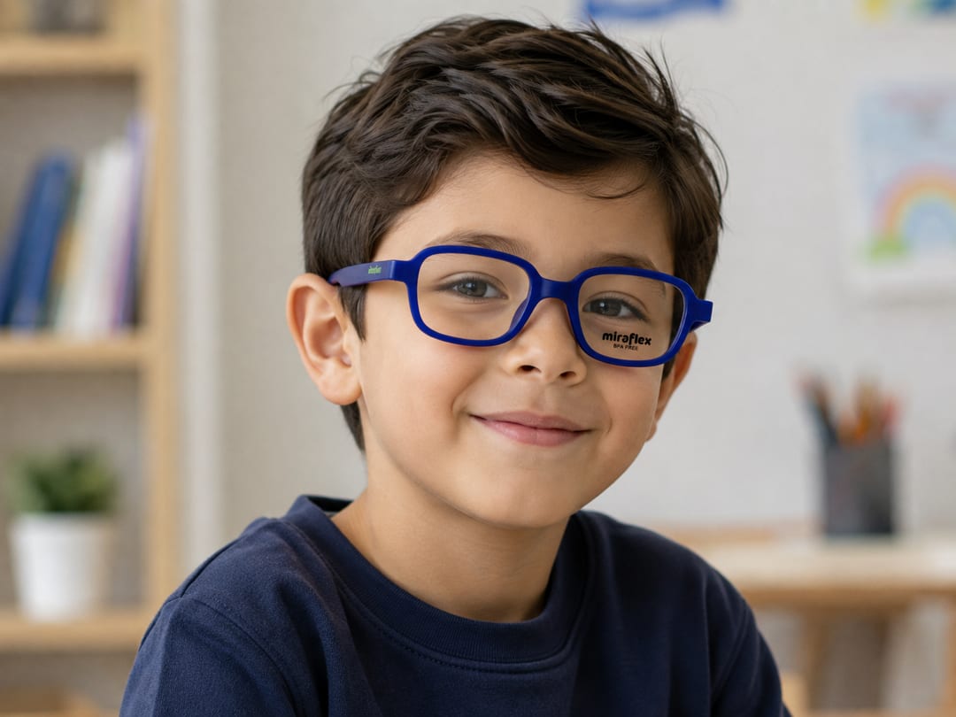 Un niño sonriendo con armazón azul de pasta, sentado en su escritorio